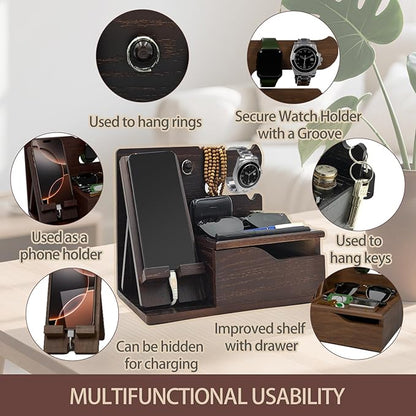 3-in-1 Wood Phone Docking Station Organizer with Drawer & Hidden Charging Hole for Phone, Keys, Glasses & Accessories, for Men (Brown, 01)