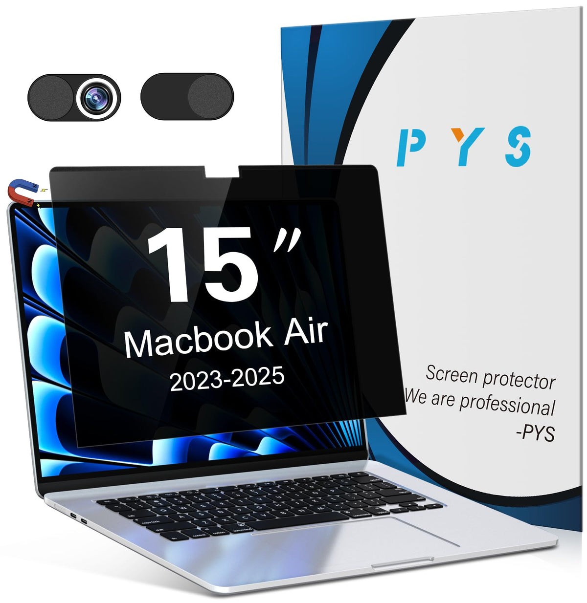 PYS Magnetic Privacy Screen for MacBook Air 15.3 Inch (2025/2024/2023, M4, M3, M2 Chip) - Removable Anti-Glare Protector with Camera Cover Slide, Anti-Blue Light Filter for Mac Air 15.3" Laptop