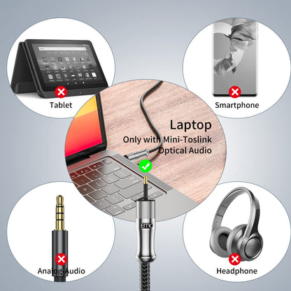 EMK 24K Gold-Plated Toslink to Mini Toslink Cable (10ft/3M) - Digital Optical Audio Cable with 3.5mm Mini Plug for Soundbar, Home Theater, TV - Silver SPDIF Fiber Optic Cord