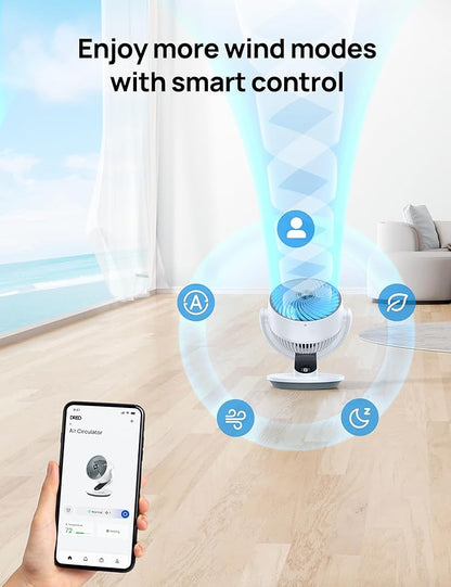 Dreo Smart Fan for Bedroom,120° Vertical and 90° Oscillating Fan with Remote/Voice, 13 Inch Height Quiet Air Circulator for Whole Room, 70 ft, 4 Speeds, 5 Modes, 12H Timer, Desk Fans for Home，White
