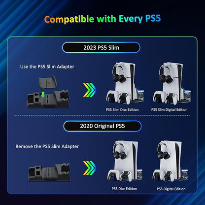 NexiGo PS5 Silent Cooling Stand for Both PS5 and New PS5 Slim Consoles, RGB LED Light, Dual Charging Station, Compatible with Dual_Sense Edge Controller, Hard Drive, Headset and Remote Holder, Black