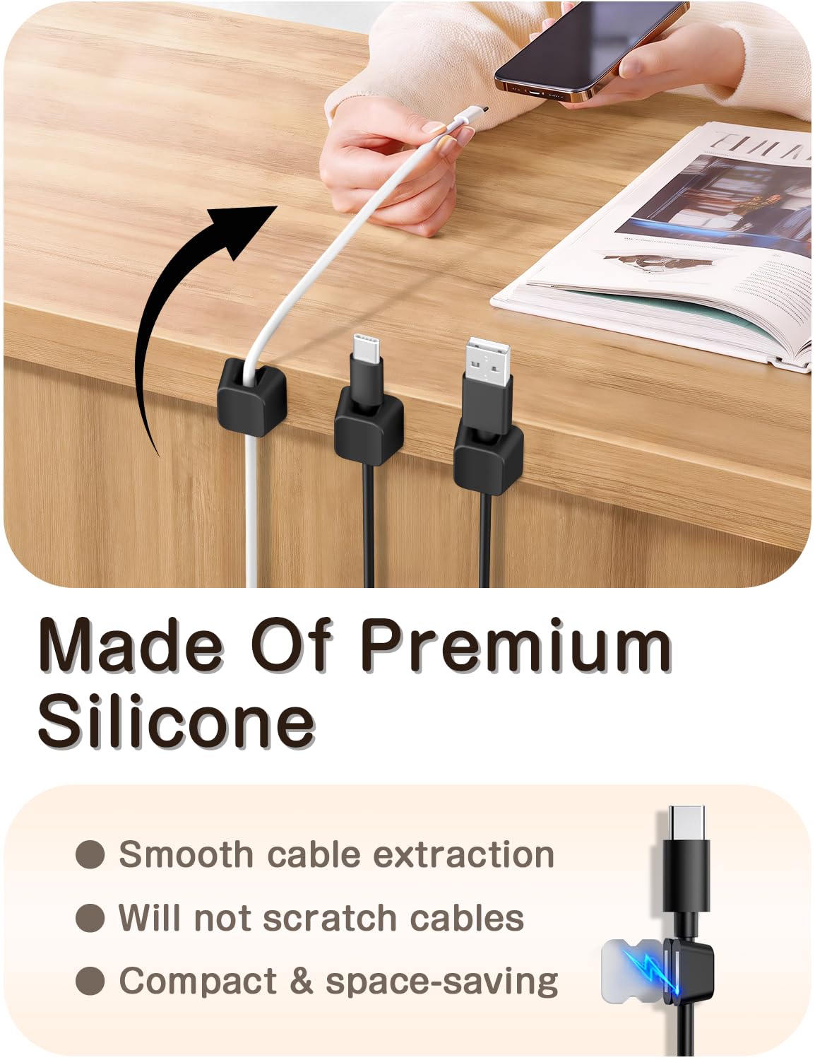 Viaky 8 Pack Magnetic Cable Clips, Large Size Under Desk Cable Management, Workspace Charger Organizer,Cord Holder with Adhesive Metal Disc, Office Desk Accessories for Nightstand Car Wall (Black)