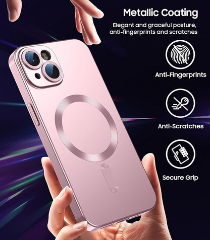 Magnetic for iPhone 14 Case [Compatible with MagSafe][Built-in Camera Lens Protector] Slim Soft Silicone Bumper Shockproof Metallic Luster Phone Case (Rose Gold)