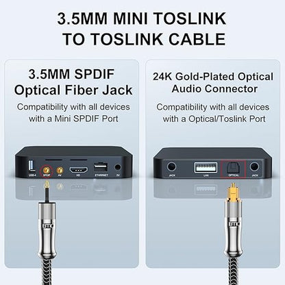 EMK 24K Gold-Plated Toslink to Mini Toslink Cable (1.5ft/0.5M) - Digital Optical Audio Cable with 3.5mm Mini Plug for Soundbar, Home Theater, TV - Silver SPDIF Fiber Optic Cable