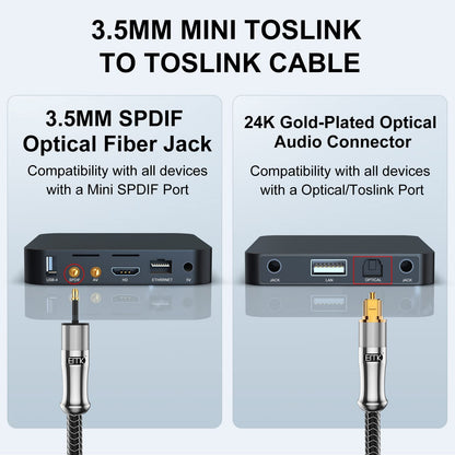 EMK 24K Gold-Plated Toslink to Mini Toslink Cable (10ft/3M) - Digital Optical Audio Cable with 3.5mm Mini Plug for Soundbar, Home Theater, TV - Silver SPDIF Fiber Optic Cord