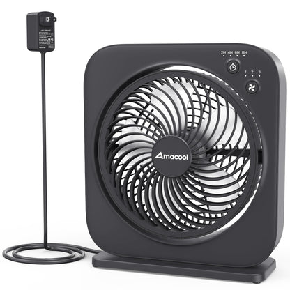 AMACOOL Table Fan, 12 inch Box Fan with 3 Speeds & 8HRS Timer, 270° Pivoting Quiet Air Circulator, Desktop Fan for Bedroom Bathroom Kitchen Office, AC Adapter Included, Co-Branded with Cmyfato-Black