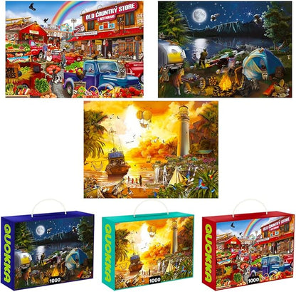 Quokka Puzzles for Adults 1000 Pieces and Up - 3 Pack of 1000 Piece Puzzles for Kids Ages 8-10-12 - Enjoy Market, Lighthouse and Camping Designs for Women and Men