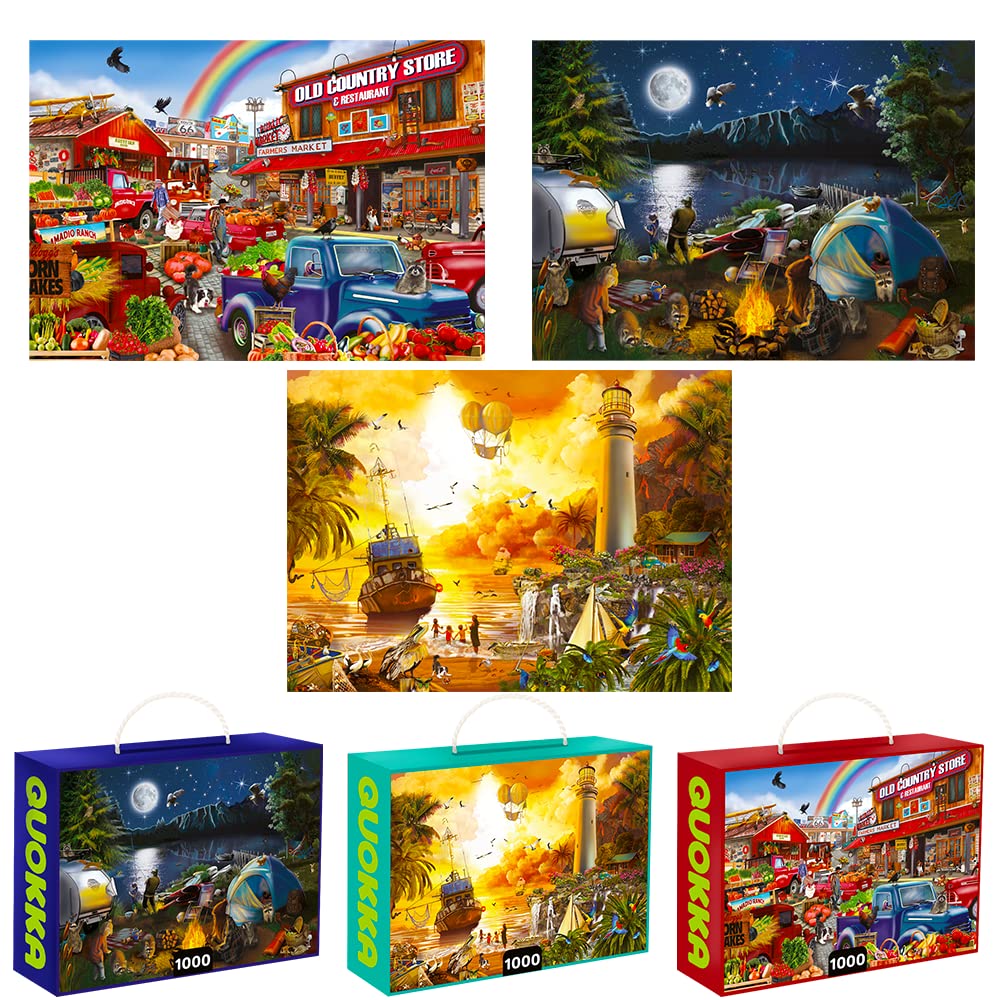 Quokka Puzzles for Adults 1000 Pieces and Up - 3 Pack of 1000 Piece Puzzles - Enjoy Market, Lighthouse and Camping Designs for Women and Men