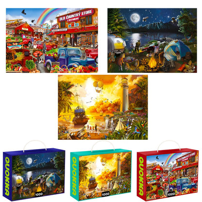 Quokka Puzzles for Adults 1000 Pieces and Up - 3 Pack of 1000 Piece Puzzles - Enjoy Market, Lighthouse and Camping Designs for Women and Men
