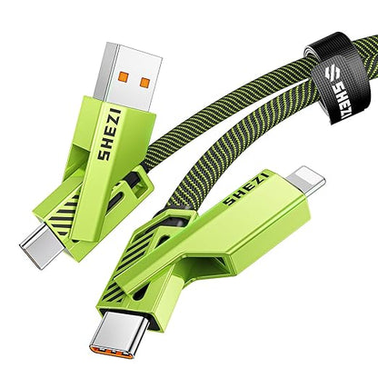 SHEZI [Upgraded 2.0] 4-in-1 USB C Cable 60W 10FT Fast Charging [480Mbps Data Sync] Flat Nylon Braided Charger Cord Combo, USB A/C to C/L Multi Charge Cable for iPhone/iPad & Most Devices, Green