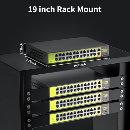 POE Switch with 24 Port POE + 2 Gigabit Uplink,802.3af/at PoE+ 100Mbps, 400W Built-in Power,Unmanaged, Extend to 250M for Security Camera System, AP, IP Phone.