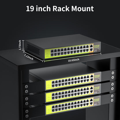 24 Port PoE+ Switch 2 Gigabit Uplink 400W Rack Mount Unmanaged IEEE 802.3af/at Extend 250M for IP Cameras AP VoIP Phones 6KV Lightning Protection