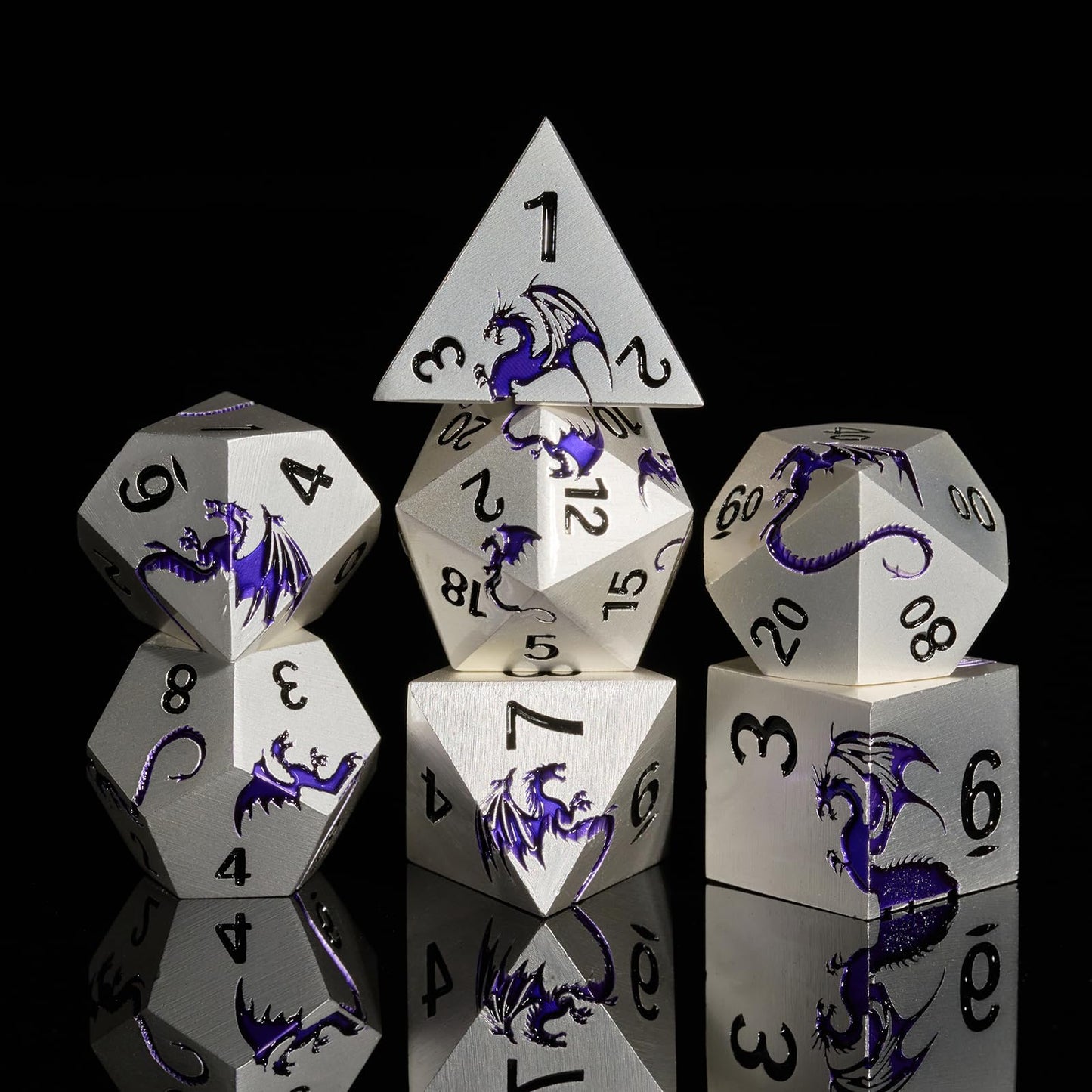 HNCCESG Metal Dice Set,7-Piece Dragon Dice for DND and RPGs,Silver Purple