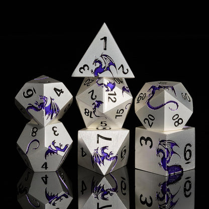 HNCCESG Metal Dice Set,7-Piece Dragon Dice for DND and RPGs,Silver Purple