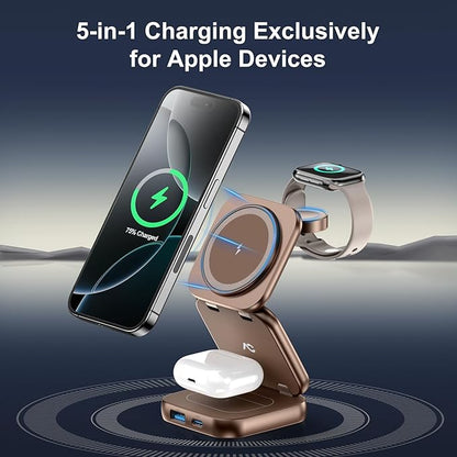 5-in-1 Wireless Charger for MagSafe, AC ISLAND Portable Travel Charging Station, 15W Max Fast Foldable Magnetic Stand, Evolved for iPhone 16/15/14/13 Series, Apple Watch, AirPods (with 35W Adapter)