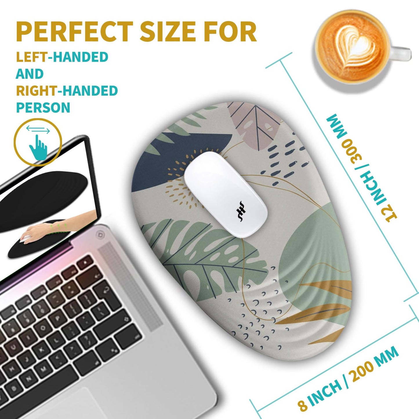 Hokafenle Ergonomic Mouse Pad Wrist Support with Stepped-Wedge Design, Wrist Rest Pain Relief Mousepad Filled with Memory Foam, Carpal Tunnel Mousepad for Wireless Mouse(12x8 inch, Abstract Leaves)