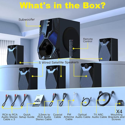 1000W Surround System 5 Wired Satellite Audio Speakers 8 inch Subwoofer 5.1/2.1 Channel Home Theater Deep Bass Support HDMI ARC Optical Bluetooth Karaoke Input