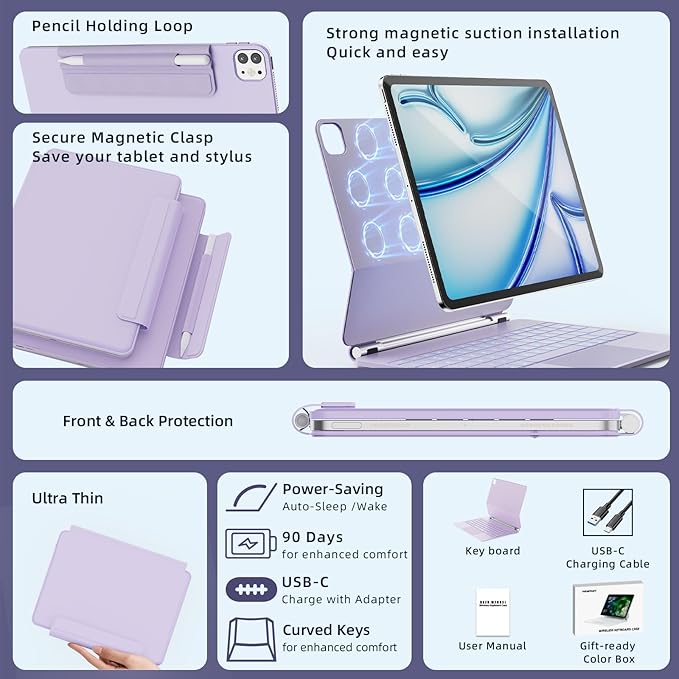 RAYMCRAFT for iPad Air 13-inch Case with Keyboard (M4/M3/M2, 2026/2025/2024) & iPad Pro 12.9 (6th/5th/4th/3rd) Magic Keyboard, 11-Color Backlight, Multi-Touch Trackpad with Safe Pencil Buckle, Purple