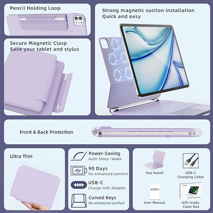 RAYMCRAFT for iPad Air 13-inch Case with Keyboard (M4/M3/M2, 2026/2025/2024) & iPad Pro 12.9 (6th/5th/4th/3rd) Magic Keyboard, 11-Color Backlight, Multi-Touch Trackpad with Safe Pencil Buckle, Purple