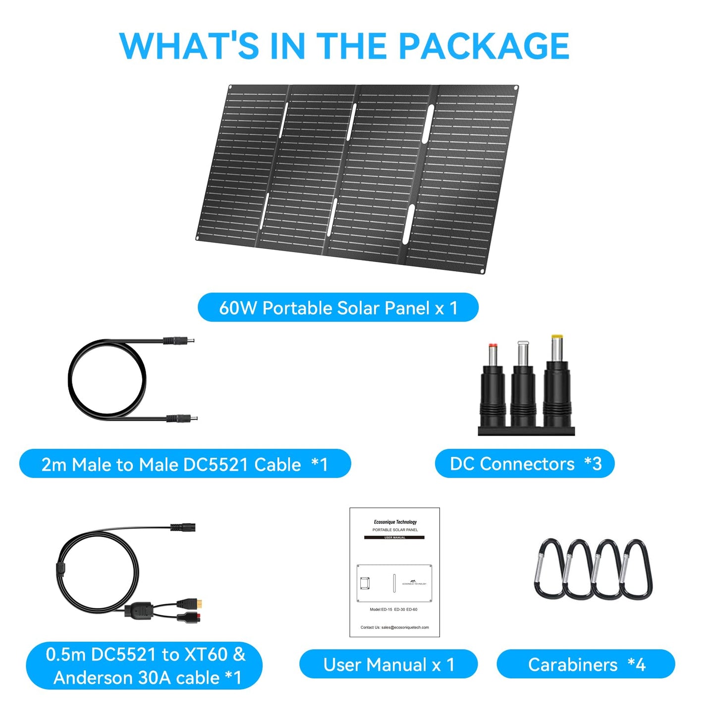 Ecosonique 60W Portable Foldable Solar Panels Charger with USB-C USB-A DC