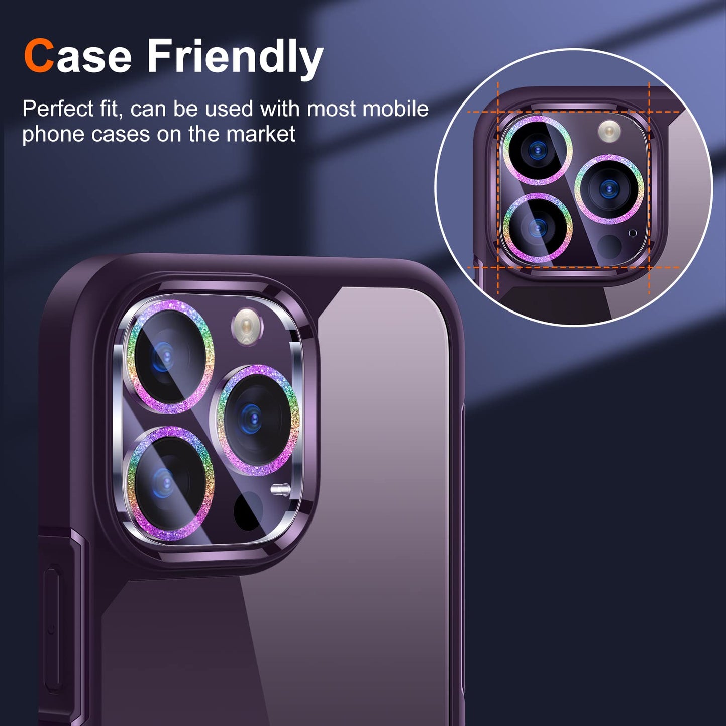 UniqueMe [3 Pack Compatible for iPhone 14 Pro Max/iPhone 14 Pro Camera Lens Protector Tempered Glass,[Case Friendly][Scratch-Resistant][Night Shooting Mode]-Glitter Colorful