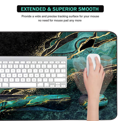 Keyboard Mouse Pad Set, Extended Mouse Pad+Keyboard Wrist Rest Support, Memory Foam Ergonomic Easy Typing, 3Pcs (35.4×15.7 in) Desk Pad Set for Home Office Study Game - Malachite Marble