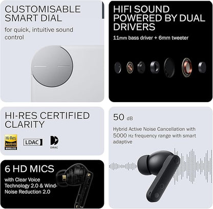 CMF Buds Pro 2 Wireless Earbuds, Hi-Res Audio with LDAC, 50 dB Hybrid Noise Cancelling Earbuds, Ultra Bass Technology, Bluetooth 5.3, 43H Play Time with Charging Case, 6 HD Mics Headphones, Light Grey