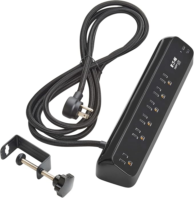 Eaton Tripp Lite series Desk Clamp Power Strip Surge Protector, 6-Outlets, 2x 30W USB-C Charging Ports, 900 Joules, 10ft Braided Flat Extension Cord, Lifetime Manufacturer's Warranty (TLP610U30CLAMPB)