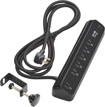 Eaton Tripp Lite series Desk Clamp Power Strip Surge Protector, 6-Outlets, 2x 30W USB-C Charging Ports, 900 Joules, 10ft Braided Flat Extension Cord, Lifetime Manufacturer's Warranty (TLP610U30CLAMPB)
