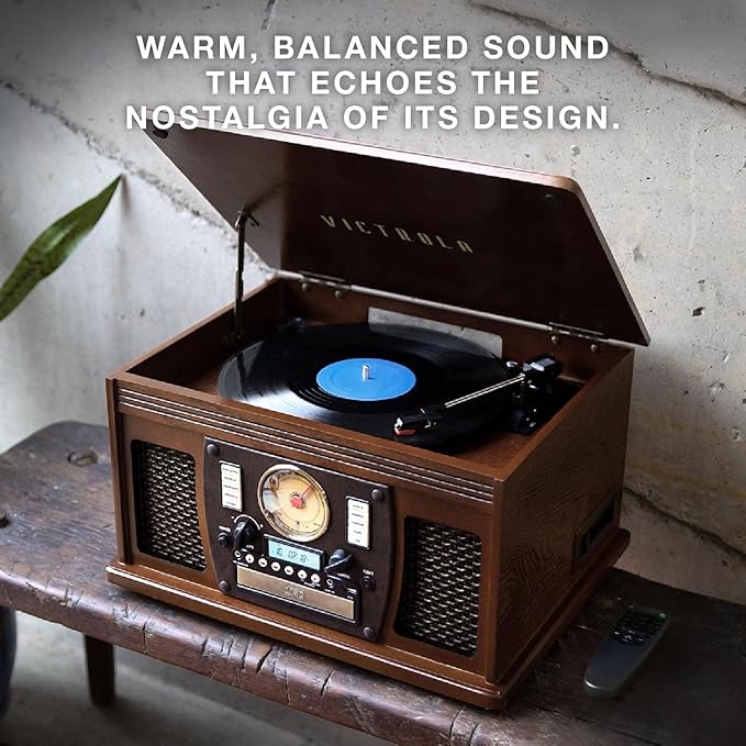 Victrola Navigator 8-in-1 Bluetooth Record Player with Built-in Speakers – 3 Speed Turntable, CD Player, Cassette, FM Radio, USB, RCA Out, Headphone Jack, Wireless Music Streaming, Real Wood (White)