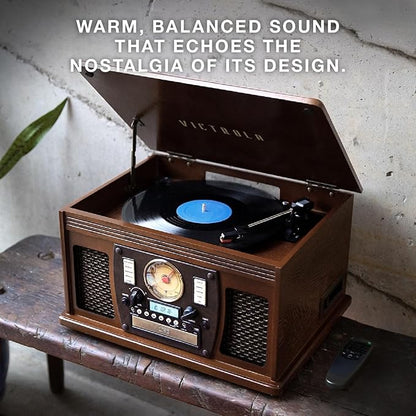 Victrola Navigator 8-in-1 Bluetooth Record Player with Built-in Speakers – 3 Speed Turntable, CD Player, Cassette, FM Radio, USB, RCA Out, Headphone Jack, Wireless Music Streaming, Real Wood (White)