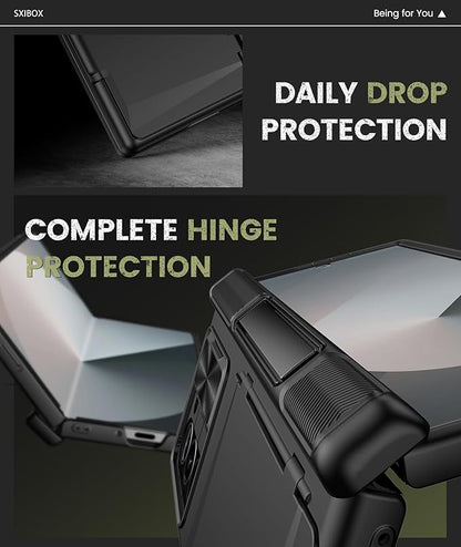 for Galaxy Z Fold 6 Case with Card Holder & Kickstand & Hinge Protection & Sliding Lens Cover, Built-in Screen Protector, Rugged Wallet Phone Case for Samsung Z Fold6, Black