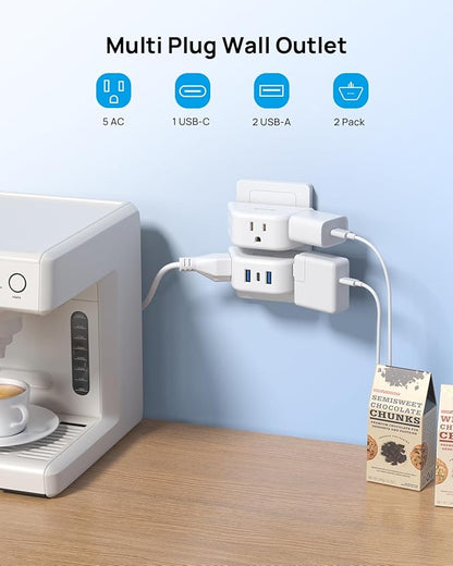 TROND Multi Plug Outlet Extender with USB - 2 Pack Wall Splitter, 3 Way Angled Outlet Adapter, Cruise Essentials, Small Multiple Expander for Cruise Ship Travel Home Office Dorm Room