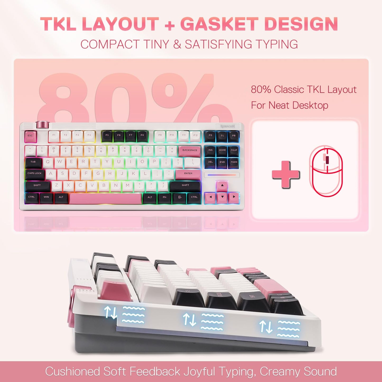 Redragon K729 80% Wired Gasket RGB Gaming Keyboard, 87 Keys TKL Mechanical Keyboard w/Knob Control, Mix-Color PBT Keycaps, Hot-Swap South-Facing Socket & 5-Layer Dampener, Custom Linear Switch