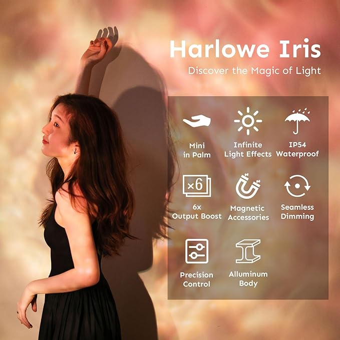 Harlowe Iris Content Creator Lighting Kit 5W Bi-Color Portable LED Light for Photography and Video Recording, 2700K-6500K CRI/TLCI 96+, IP54, App Control on Camera Light Creator Kit, Black