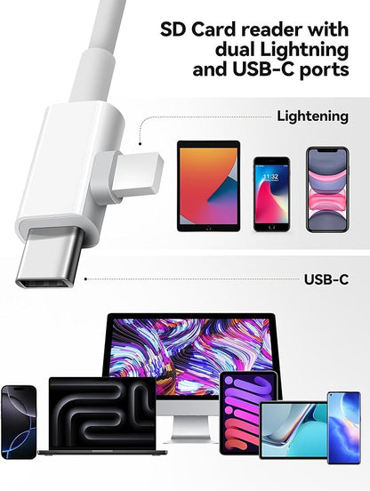 OPxjzws SD Card Reader for iPhone, SD Card Adapter with Lightening & USB C Dual Connectors Plug&Play Supports microSD, SD and USB-A OTG, Portable Trail Camera Memory Reader for iPhone Mac MacBook iPad