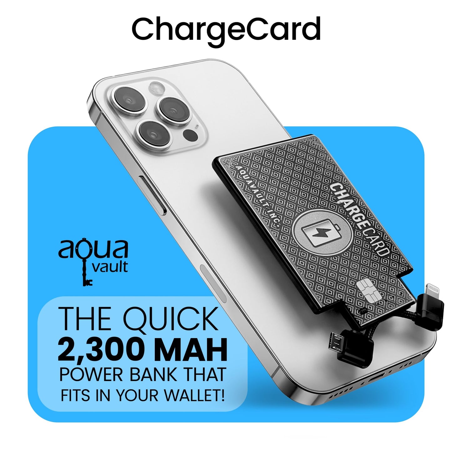 Aquavault ChargeCard (Black): Ultra-Slim 2300 mAh 1.5А Charge Card Phone Charger - Built-in Cables for iPhone & Android - Compatible with iPhone 6-17 & Android - Ultra Thin Power Bank Fits in Wallet