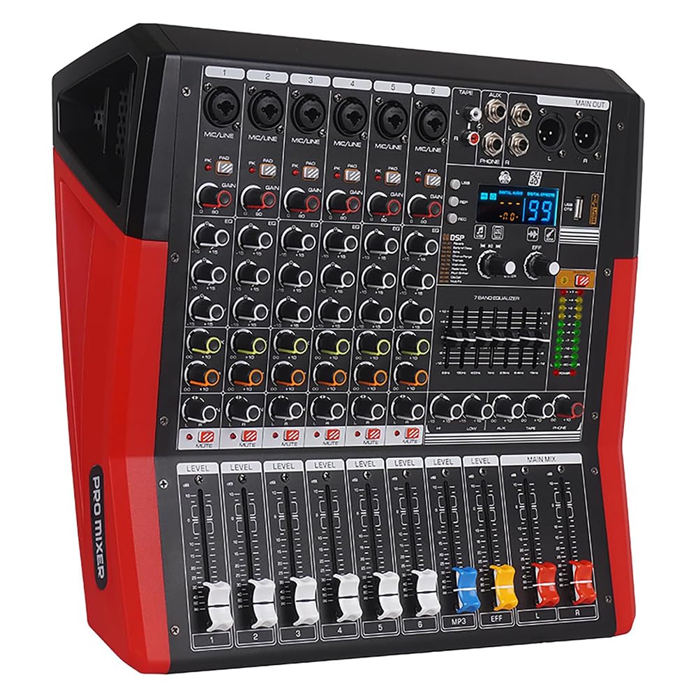 Yamnweo TF600 6-Channel Professional Mixer with Bluetooth Sound Bar with Power Amplifier 2 * 450W Power Output Powered Mixer, 7-Stage Equalizer, 99 DSP Effects, Recording Input USB Drive for Speakers