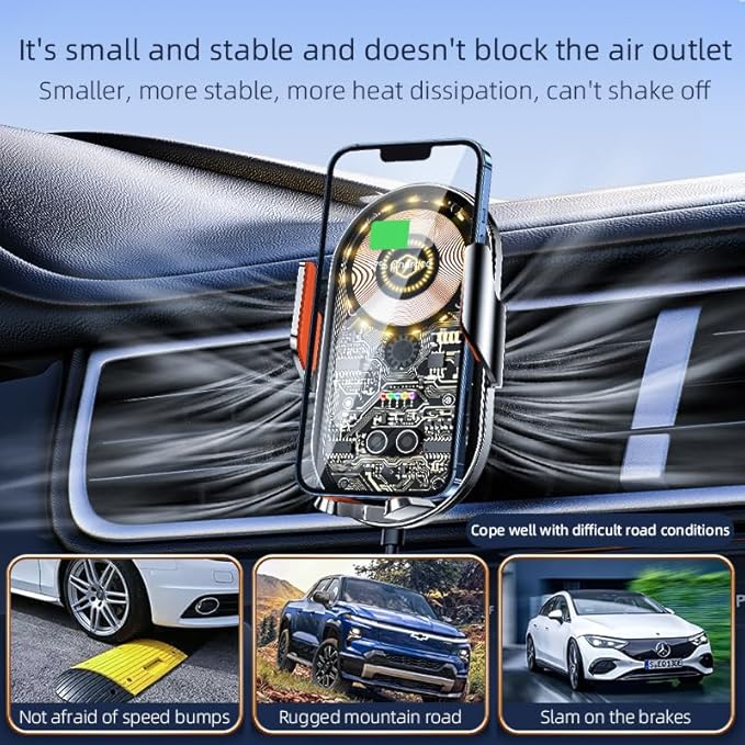 Car Phone Holder, Wireless Car Charger Air Vent Auto-Clamp Cell Phone Car Mount with Metal Hook Clip, 360° Rotation - One Button Release for iPhone, Samsung, Google, and All Other Smartphones