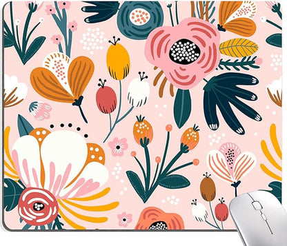 Pink Cute Flower Mouse Pad, Floarl Mouse Pad Custom Design, Square Waterproof Mouse Pad Non-Slip Rubber Base MousePads for Office Laptop, 9.5x7.9x0.12 Inch