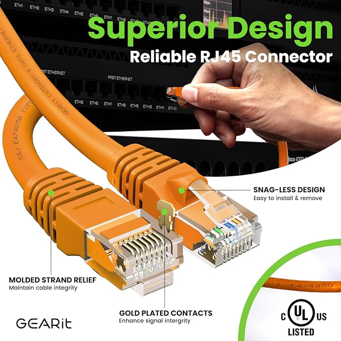 GearIT Cat 6 Ethernet Cable (10-Pack 7 Feet) Cat6 Network Patch, 10Gbps, RJ45, Snagless Cord, Gold-Plated Connectors, Internet for PC, TV, Tablet, Router, Printer, Servers, IT Data Center - Orange