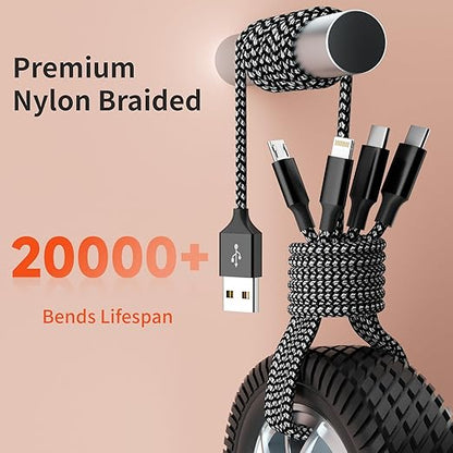 Multi Charging Cable,Dual Type-C Multiple Charger Cable Nylon Braided 4 in 1 Multi USB Cable Charging Cord with IP/Type C/Micro USB Ports for Cell Phones/iPhone/Tablets/Samsung Galaxy & More-1Pack 5Ft