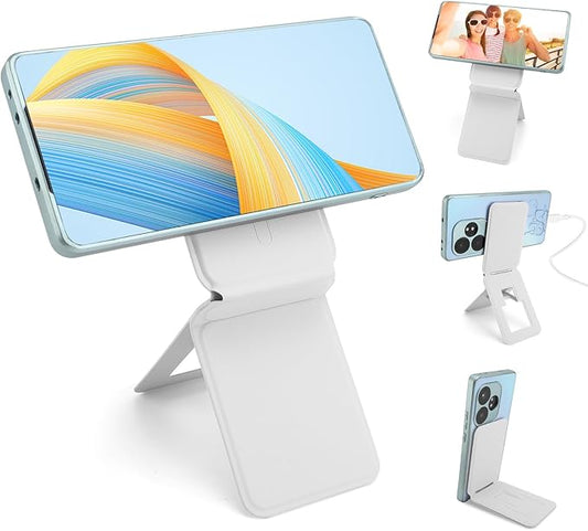 Gugxiom Phone Stand, Foldable Magnetic Phone Tripod, Angle Adjustment & Strong Magnets PU Leather Phone Stand, Compatible with All Smart Phone 16/15/14/13/12 (Grayish White)
