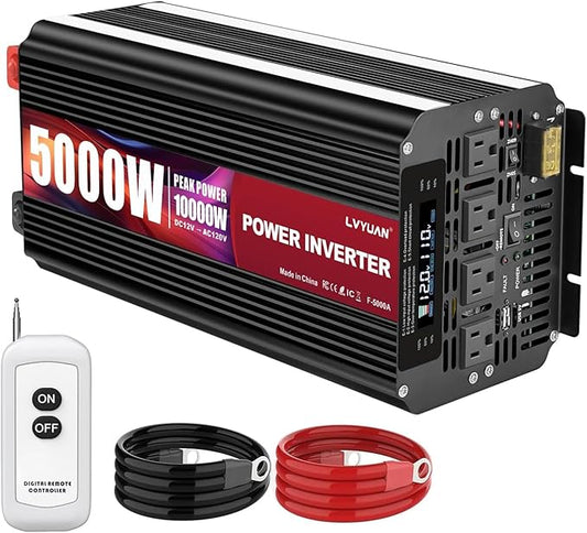 LVYUAN 5000 Watt Power Inverter 12V to 110V 120V with 4 AC Outlets, LCD Display, Wireless Remote Control for Vehicle, Solar System, Heavy Duty, RV, Truck, Off Grid, Camping