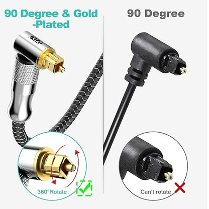 EMK Premium 24K Gold-Plated Right Angle Optical Cable – 90° Toslink to Toslink (3M/10Ft), 360° Rotatable for Soundbars, TVs & Home Theater