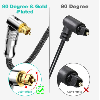 EMK Premium 24K Gold-Plated Right Angle Optical Cable – 90° Toslink to Toslink (7M/22Ft), 360° Rotatable for Soundbars, TVs & Home Theater