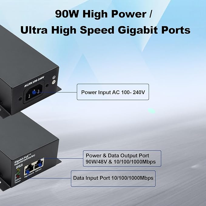 High Power Gigabit PoE++ Injector Adapter, Integrated Power Supply, Convert A Non-PoE Port to A 90W Gigabit Port, Up to 95W to 60W, 30W, 15.4W, Up to 100m (328 ft)