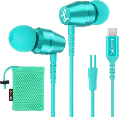 LUDOS OMNITONE USB C Headphones for iPhone 16 15 Pro Max Plus iPad Pro, 5 Years Warranty, USB-C Earbuds for Samsung Galaxy S24 S23 S22 S21 S20 A55 A54 A53, USB Type C Earphones - Turquoise