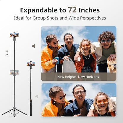 Sensyne 72" Extendable Tripod for iPhone & Selfie Stick with Detachable Phone Holder & Wireless Remote, Compatible with All Cell Phones, Black