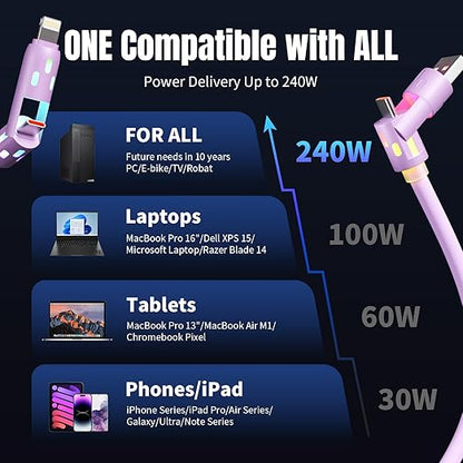 240W USB C Cable,4 in 1 Charging Cable Fast Charging & Data Sync, Multi USB Charging Cable with Breathing Light,Charger Cord for iPhone 16/15 14 13 iPad Samsung Galaxy MacBook iPad Tablets,Purple 5Ft
